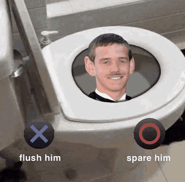 a picture of a man in a tuxedo sitting in a toilet with the words flush him and spare him