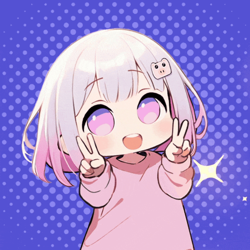 a little girl with white hair and pink highlights is giving a peace sign