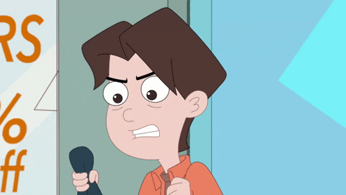 a cartoon character holding a microphone in front of a sign that says rs