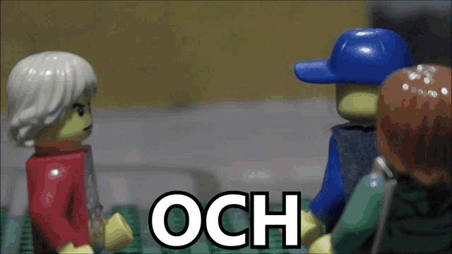 a group of lego figures are standing next to each other and the word och is above them