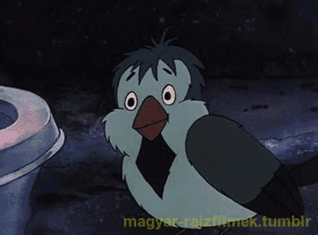 a cartoon bird is standing next to a trash can with the words " magyar-rajzfilmek.tumblr " on the bottom right