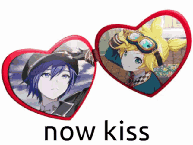 two hearts with pictures of anime characters and the words " now kiss " below them