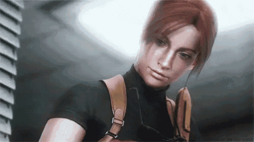 a woman with red hair is standing in a room with a backpack on her back .
