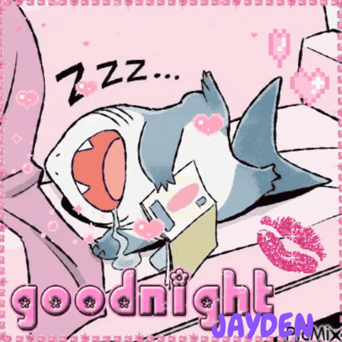 a shark is laying on a bed with the words goodnight jayden mix