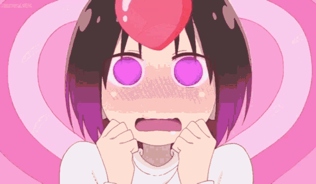 a girl with purple eyes has a heart shaped object on her head