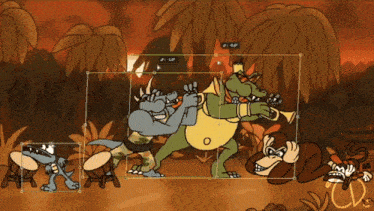 a cartoon scene with a monkey playing a trumpet and a dinosaur playing a gun