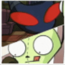 a close up of a cartoon character 's face next to another cartoon character .