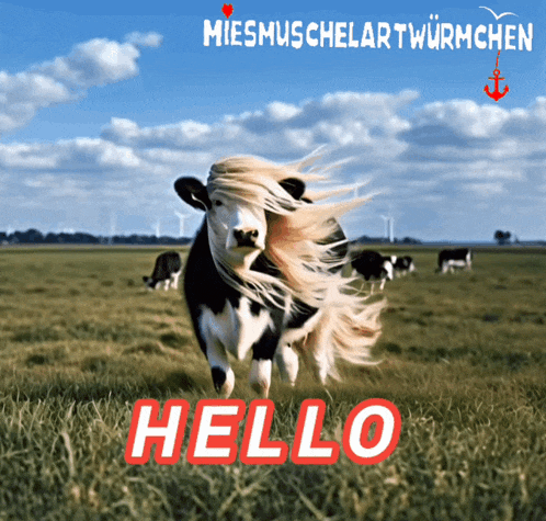 a picture of a cow running in a field with the words hello written below it