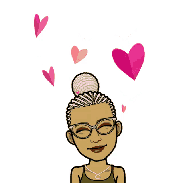 a cartoon of a woman with a bun and hearts floating above her head