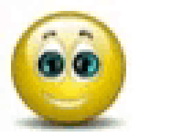 a yellow smiley face with blue eyes is smiling and holding a red ribbon .