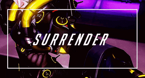 a video game character is standing in front of a purple background with the words `` surrender '' written in white letters .