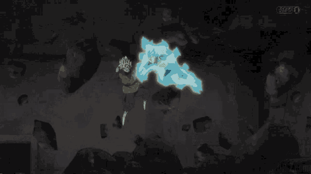 a screenshot of a video game shows a character with a blue aura surrounding him