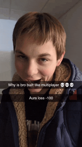 a young boy is making a funny face with the caption " why is bro built like multiplayer aura loss -100 "