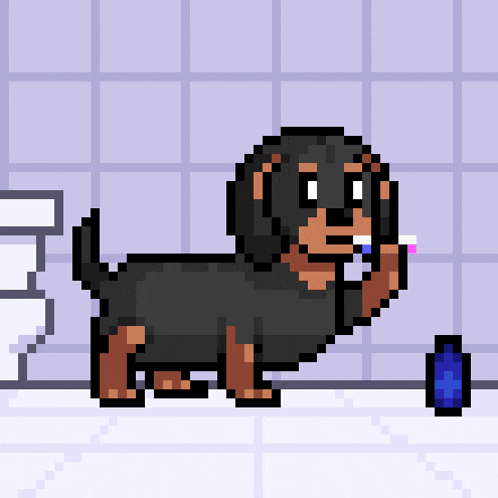 a pixel art illustration of a dog brushing its teeth