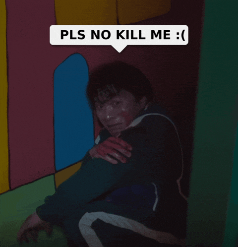 a person with blood on their face and a speech bubble that says " pls no kill me "
