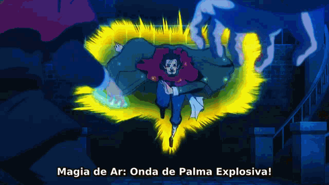 a man in a cape is surrounded by a glowing circle that says magia de ar onda de palma explosiva