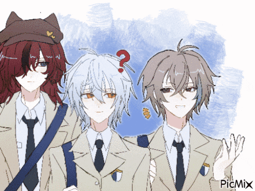 a drawing of three anime characters with picmix written in the bottom right corner