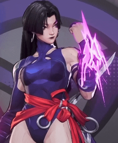 a woman in a purple and red outfit is holding a purple lightning bolt