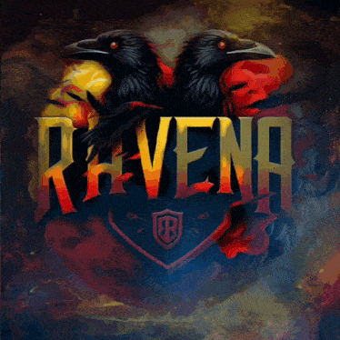 ravena logo with two birds and a shield on a dark background