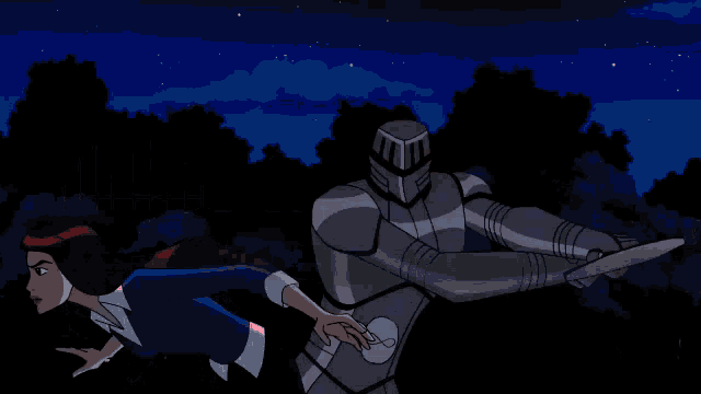a cartoon character is holding a pink object in front of a man in armor .