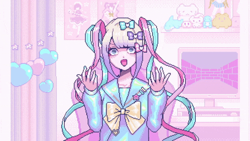 a pixel art of a girl with pigtails and a bow in her hair