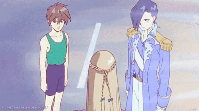 three anime characters are standing next to each other with the website mooncrystalpower.com visible