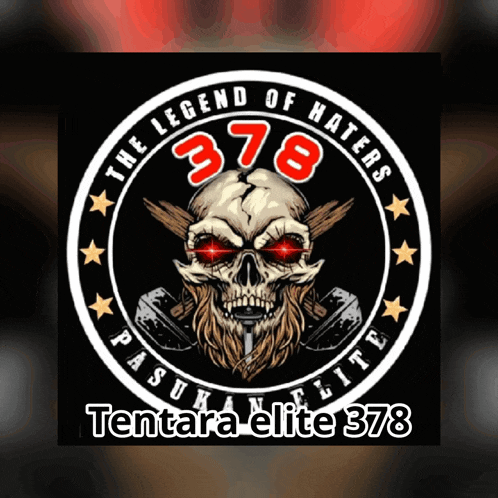 a logo for the legend of haters 378 has a skull with red eyes
