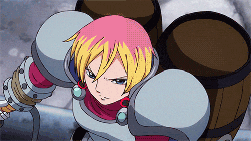a cartoon character with blonde hair and pink hair is wearing armor