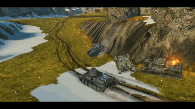 a video game scene with a few tanks on the ground