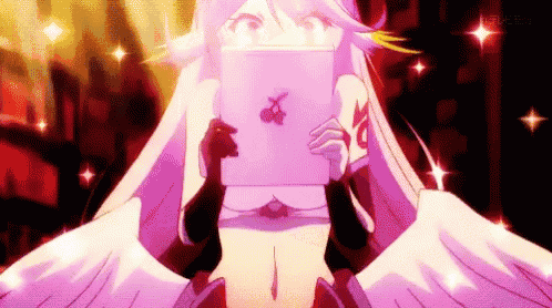 a purple and white anime girl with wings is holding a tablet .