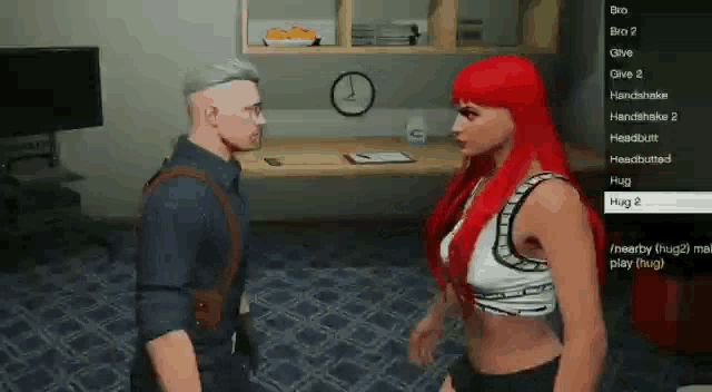 a man and a woman are standing next to each other in a video game ..