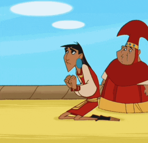 a cartoon of a man kneeling down next to a larger man