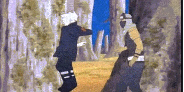 a cartoon of two men standing next to each other in the woods .
