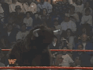 a wrestling match is taking place in a ring with a sign that says world wrestling federation on it