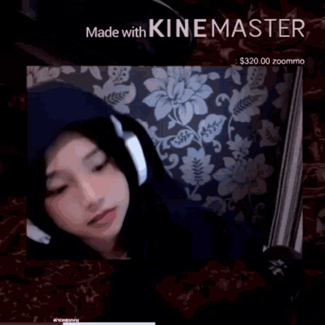 a girl wearing headphones and a blue hoodie is on a screen that says made with kinemaster