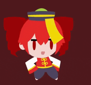 a cartoon character with red hair and a yellow hat is standing in front of a red background .