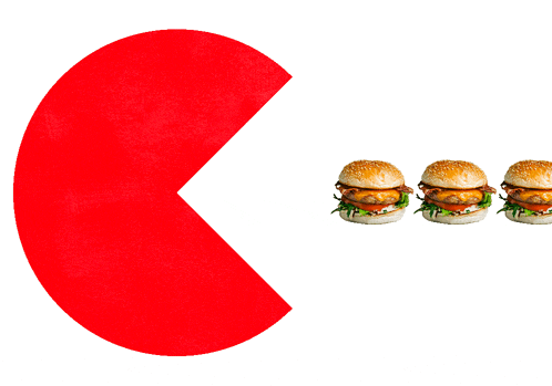 four hamburgers are lined up in front of a red circle on a white background