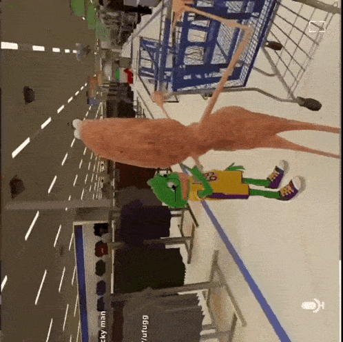 a cartoon character in a store with the word lucky man visible