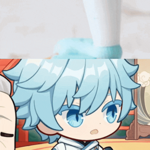a cartoon character with blue hair is standing next to a plunger