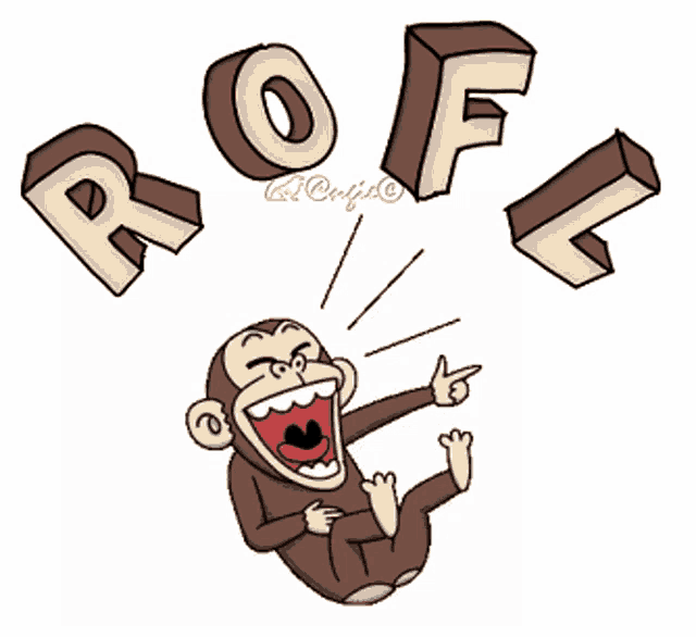 a cartoon of a monkey laughing with the letters rofl flying around him