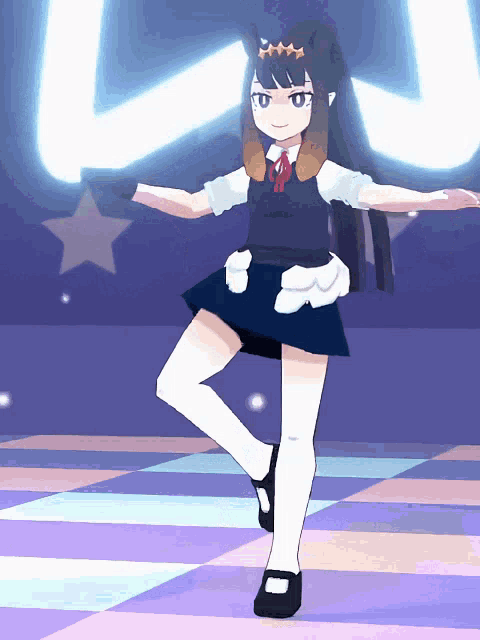 a girl with a crown on her head is dancing on a checkered floor