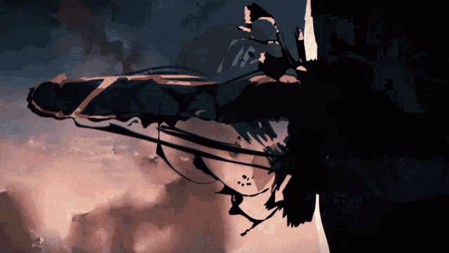 a painting of a person flying through the air with a dark background