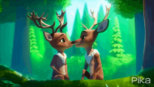 a couple of deer kissing in the woods with pika written on the bottom