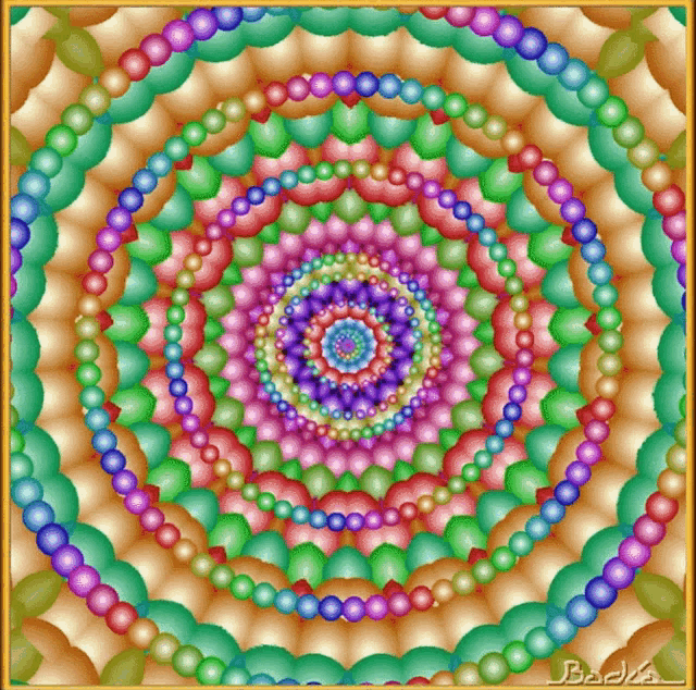 a painting of a circular pattern of beads with the name badka on the bottom right