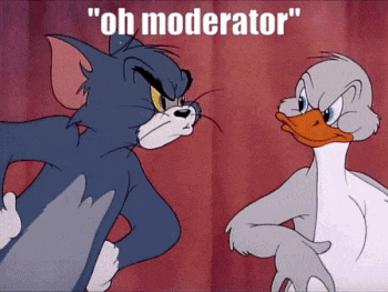 a cartoon of tom and jerry standing next to each other with the caption " oh moderator "
