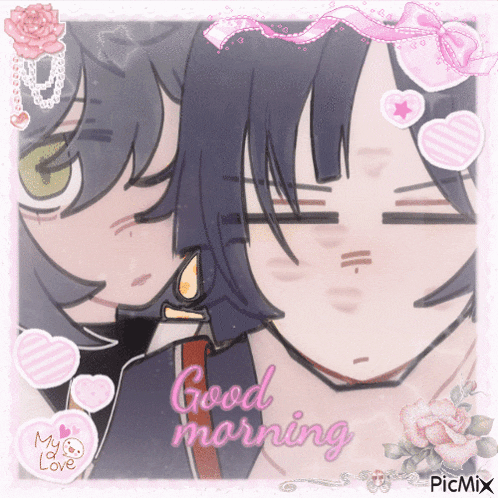 a picture of two anime characters with the words " good morning " on the bottom