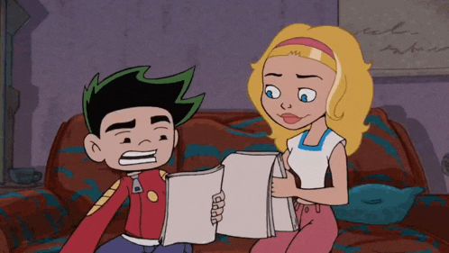 a cartoon of a boy and a girl sitting on a couch looking at a book