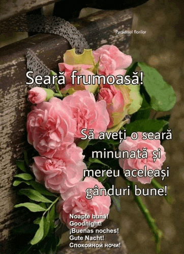 a bunch of pink flowers with the words seara frumoasa written above them