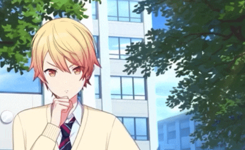a boy with blonde hair and red eyes is wearing a sweater and tie