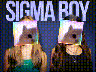 a poster for sigma boy has two women covering their faces with squares